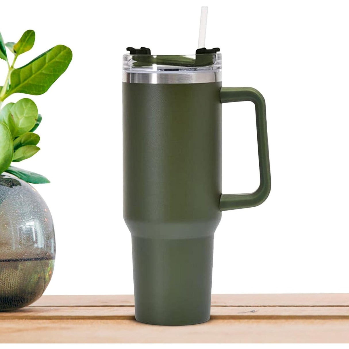 Cana Termos Din Plastic, Pentru Bauturi Calde Si Reci, Cu Maner, 9.9X9.9X27 Cm, Verde Army - vivimall.ro
