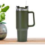 Cana Termos din Plastic, Vivimall, pentru Bauturi Calde si Reci, cu Maner, 9.9x9.9x27 cm, Verde Army - vivimall.ro