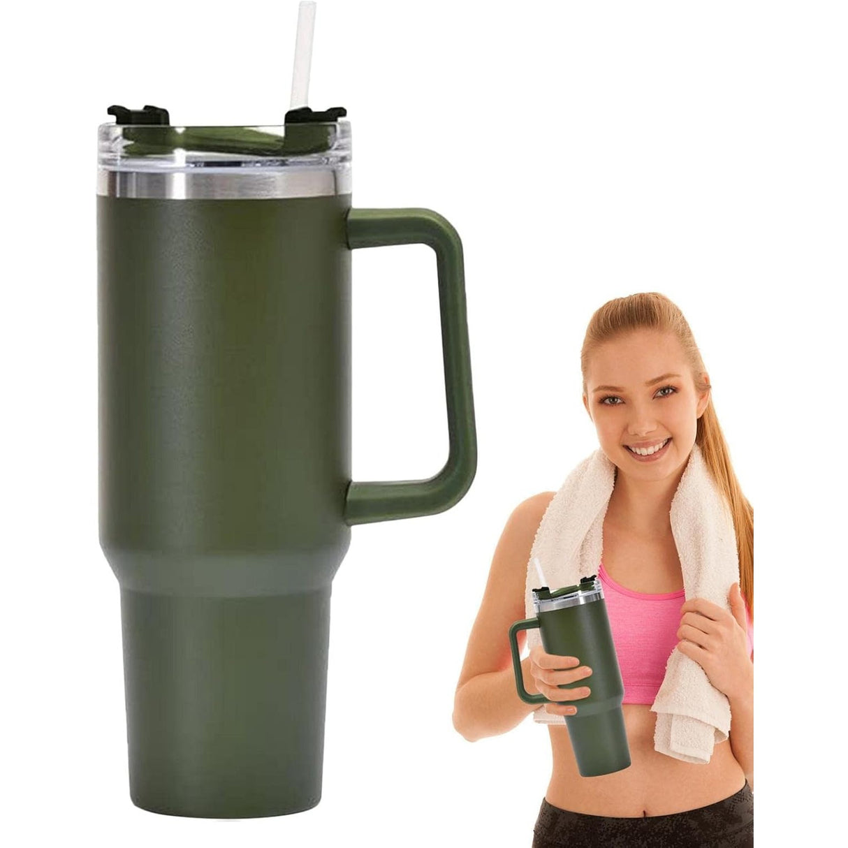 Cana Termos Din Plastic, Pentru Bauturi Calde Si Reci, Cu Maner, 9.9X9.9X27 Cm, Verde Army - vivimall.ro
