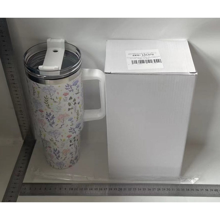 Cana Termos din Plastic, Vivimall, pentru Bauturi Calde si Reci, cu Maner, Imprimeu Floral,  Alb, 10x7.6x27.5 cm - vivimall.ro