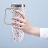 Cana Termos din Plastic, Vivimall, pentru Bauturi Calde si Reci, cu Maner, Imprimeu Floral,  Alb, 10x7.6x27.5 cm - vivimall.ro