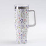 Cana Termos din Plastic, Vivimall, pentru Bauturi Calde si Reci, cu Maner, Imprimeu Floral,  Alb, 10x7.6x27.5 cm - vivimall.ro