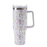 Cana Termos din Plastic, Vivimall, pentru Bauturi Calde si Reci, cu Maner, Imprimeu Floral,  Alb, 10x7.6x27.5 cm - vivimall.ro