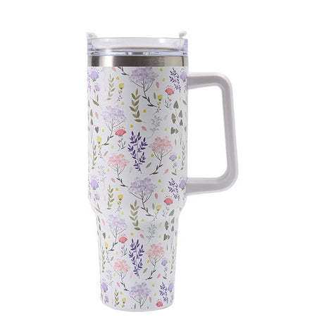 Cana Termos din Plastic, Vivimall, pentru Bauturi Calde si Reci, cu Maner, Imprimeu Floral,  Alb, 10x7.6x27.5 cm - vivimall.ro