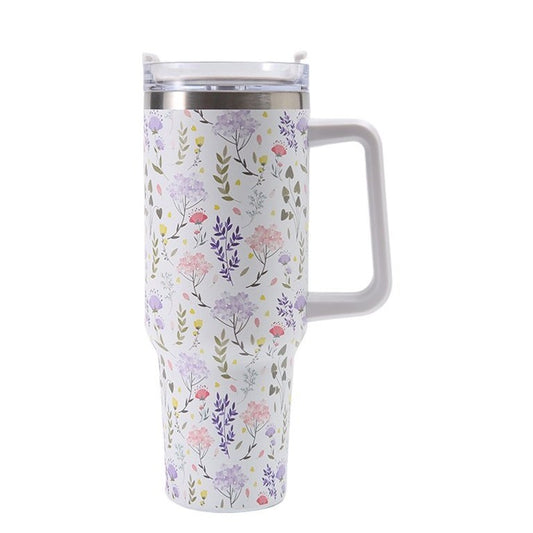 Cana Termos din Plastic, Vivimall, pentru Bauturi Calde si Reci, cu Maner, Imprimeu Floral,  Alb, 10x7.6x27.5 cm - vivimall.ro