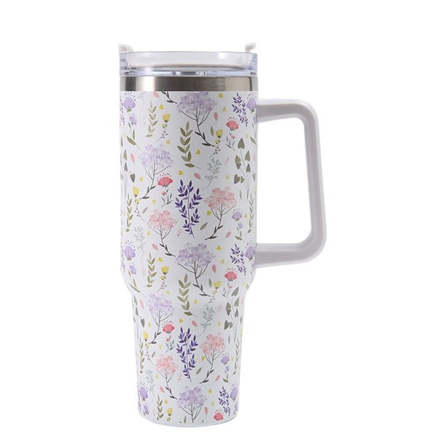 Cana Termos din Plastic, Vivimall, pentru Bauturi Calde si Reci, cu Maner, Imprimeu Floral,  Alb, 10x7.6x27.5 cm - vivimall.ro