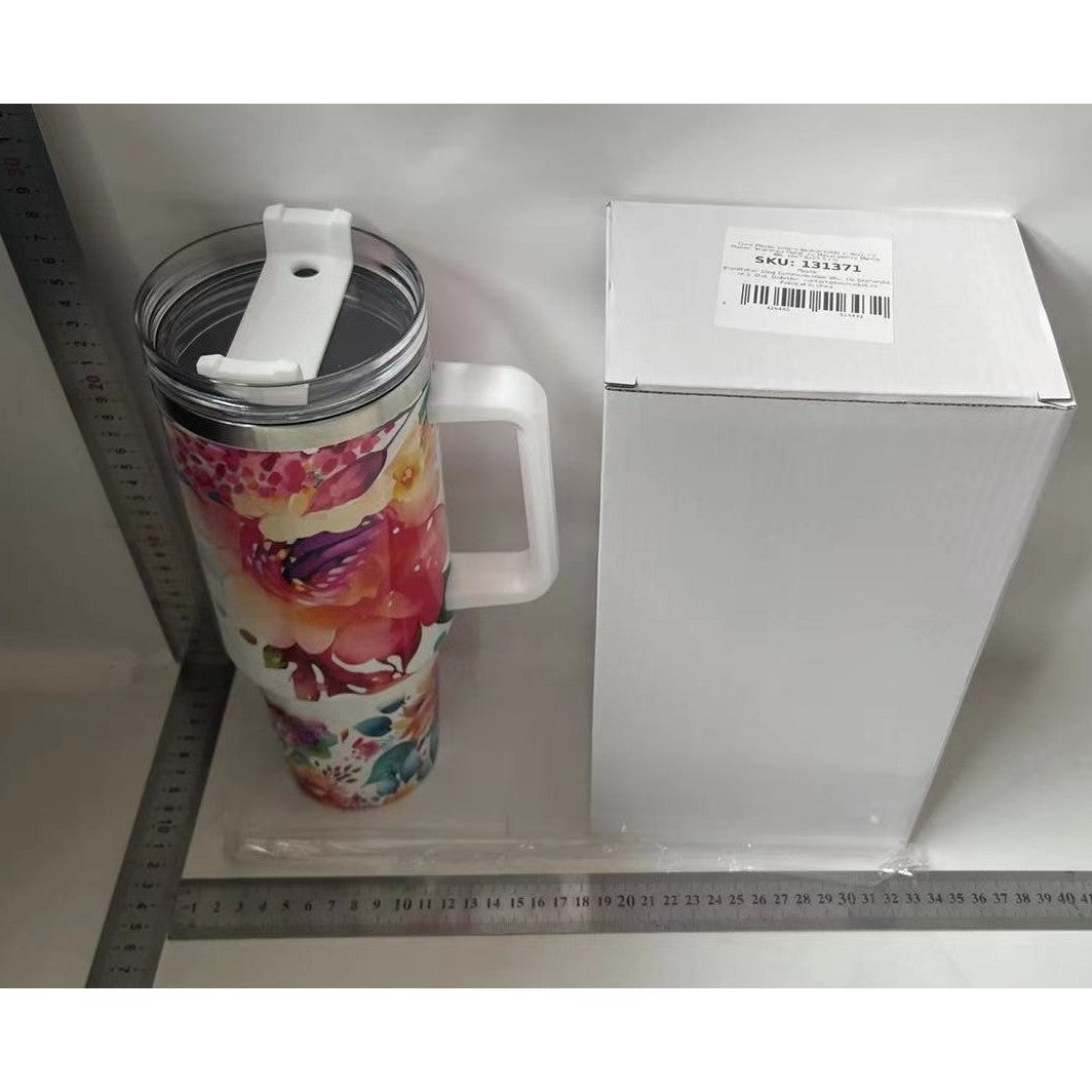 Cana Termos din Plastic, Vivimall, pentru Bauturi Calde si Reci, cu Maner, Imprimeu Floral, cu Mesaj pentru Mama, Alb, 10x7.6x27.5 cm - vivimall.ro