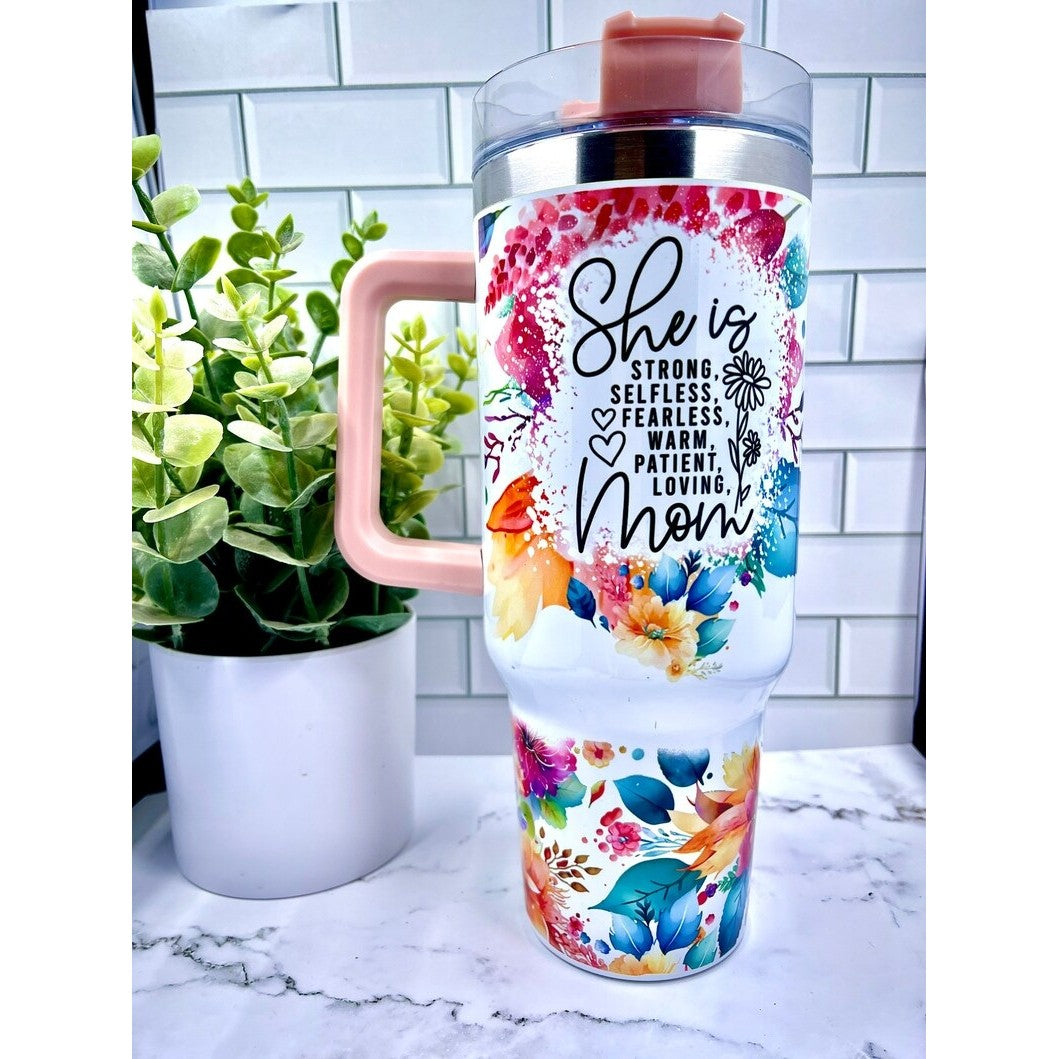 Cana Termos Din Plastic, Pentru Bauturi Calde Si Reci, Cu Maner, Imprimeu Floral, Cu Mesaj Pentru Mama, Alb, 10X7.6X27.5 Cm - vivimall.ro