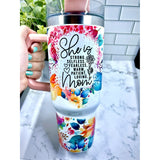 Cana Termos Din Plastic, Pentru Bauturi Calde Si Reci, Cu Maner, Imprimeu Floral, Cu Mesaj Pentru Mama, Alb, 10X7.6X27.5 Cm - vivimall.ro