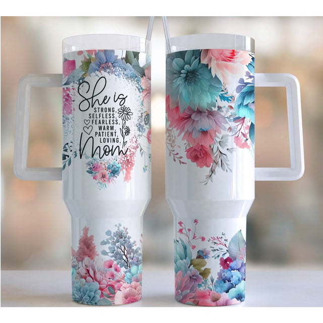 Cana Termos Din Plastic, Pentru Bauturi Calde Si Reci, Cu Maner, Imprimeu Floral, Cu Mesaj Pentru Mama, Alb, 10X7.6X27.5 Cm - vivimall.ro