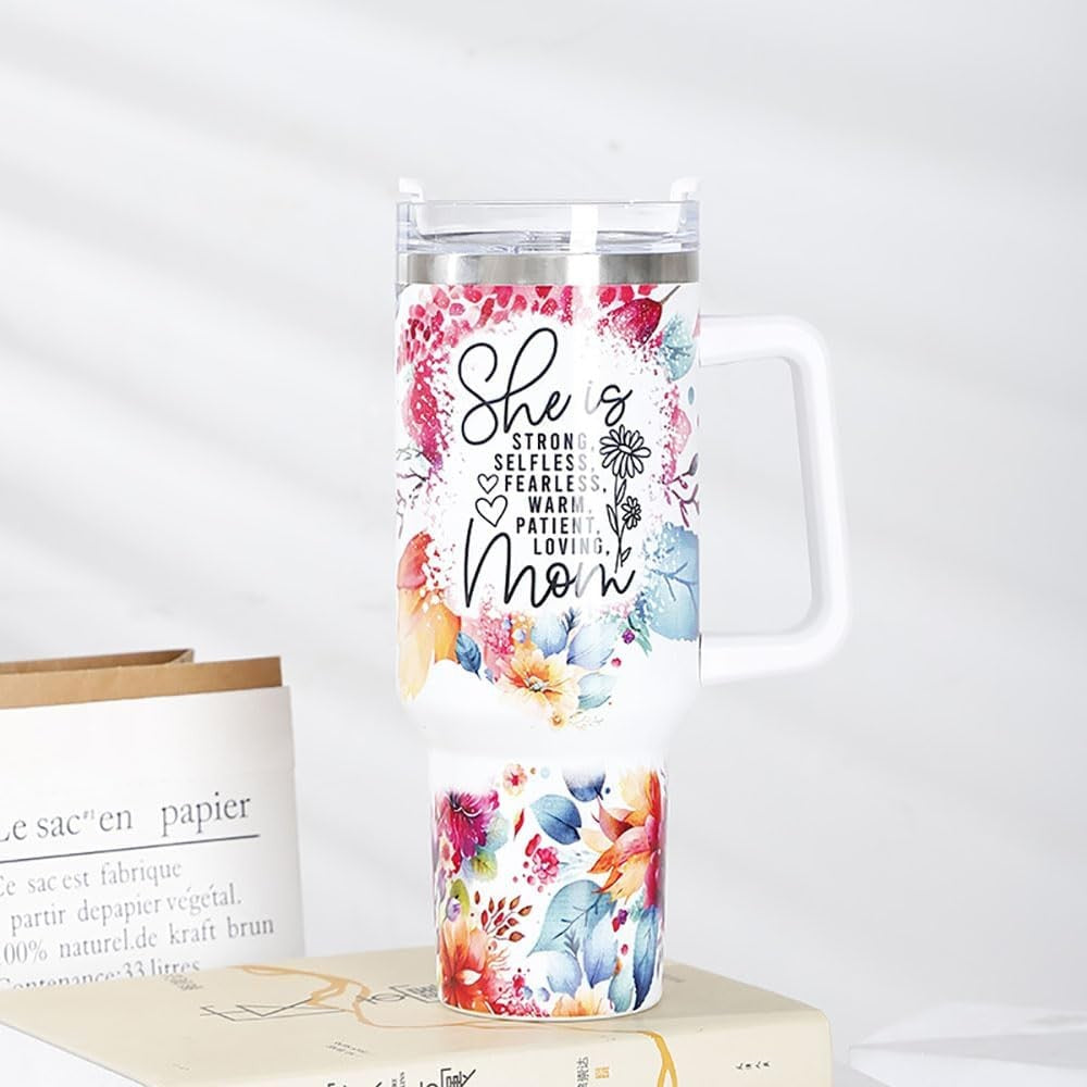 Cana Termos Din Plastic, Pentru Bauturi Calde Si Reci, Cu Maner, Imprimeu Floral, Cu Mesaj Pentru Mama, Alb, 10X7.6X27.5 Cm - vivimall.ro