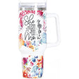 Cana Termos Din Plastic, Pentru Bauturi Calde Si Reci, Cu Maner, Imprimeu Floral, Cu Mesaj Pentru Mama, Alb, 10X7.6X27.5 Cm - vivimall.ro