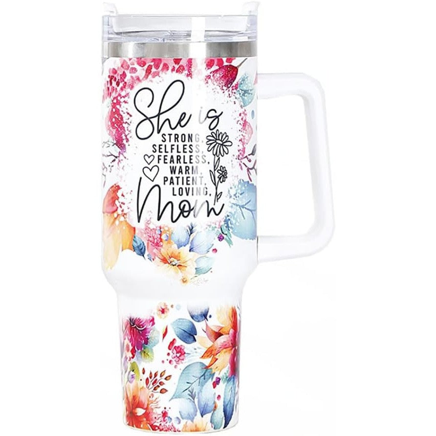 Cana Termos Din Plastic, Pentru Bauturi Calde Si Reci, Cu Maner, Imprimeu Floral, Cu Mesaj Pentru Mama, Alb, 10X7.6X27.5 Cm - vivimall.ro