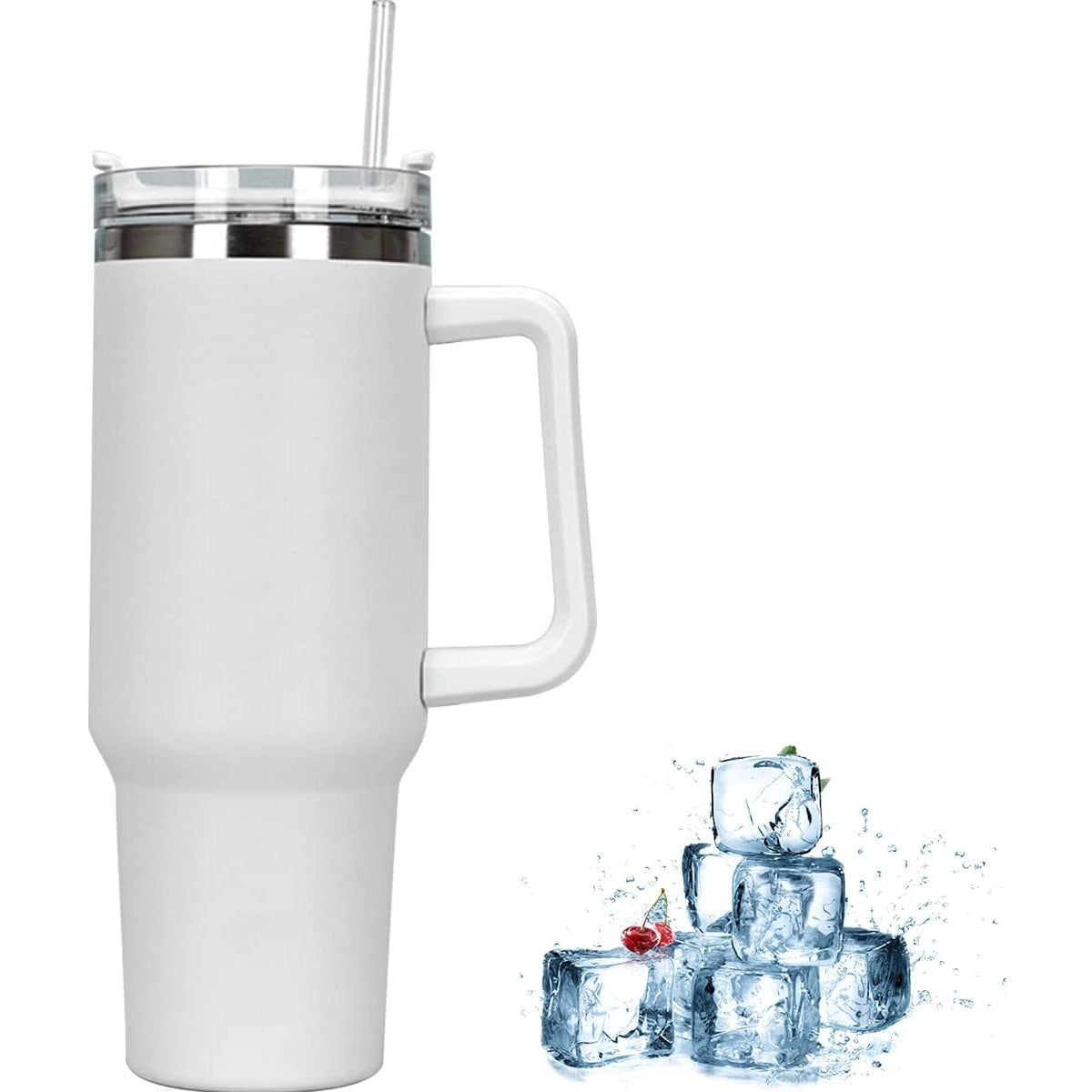 Cana Termos din Plastic, pentru Bauturi Calde si Reci, cu Maner, 9.9x9.9x27 cm, Alb - vivimall.ro