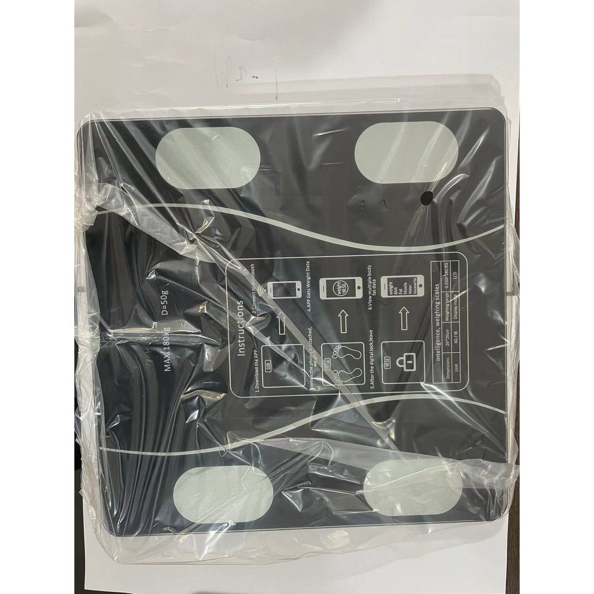 Cantar Electronic Inteligent De Baie Vivimall Cu Aplicatie Smart, Corporal, Ecran Digital Iluminat, Termometru, Suporta Maxim 180 Kg, 26 x 26 cm, Baterii, Negru - vivimall.ro