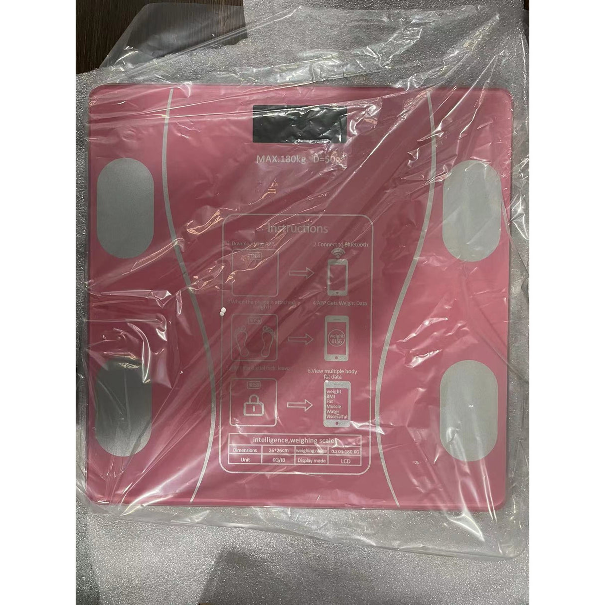 Cantar Electronic Inteligent De Baie Flippy Cu Aplicatie Smart, Corporal, Ecran Digital Iluminat, Termometru, Suporta Maxim 180 Kg, 26 x 26 cm, Baterii, Roz