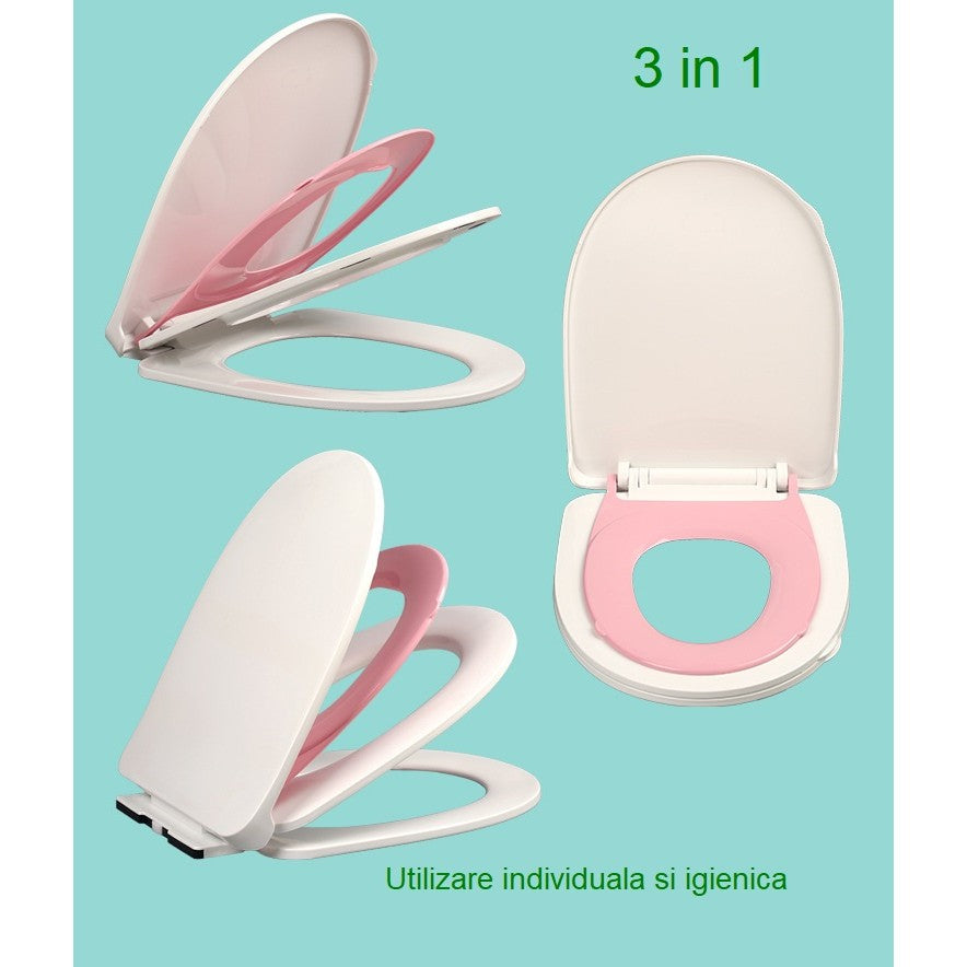Capac de Toaleta cu Reductie 3 in 1, Vivimall, pentru Copii +3 Ani si Adulti, Coborare Lenta si Silentioasa, Instalare Usoara, din PP5 , in Forma de O, Alb/Roz - vivimall.ro