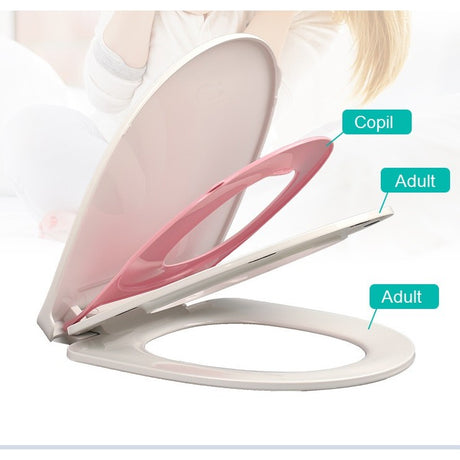 Capac De Toaleta Cu Reductie 3 In 1, Pentru Copii +3 Ani Si Adulti, Coborare Lenta Si Silentioasa, Instalare Usoara, Din Pp5, In Forma De V, Alb/Roz - vivimall.ro