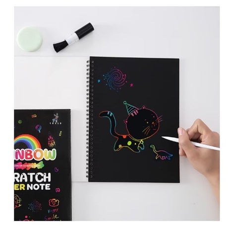 Caiet cu Foi de Hartie de Razuit, Flippy, cu Un Stilou din Bambus, pentru Desen, Curcubeu, 19 x 26 cm, Negru