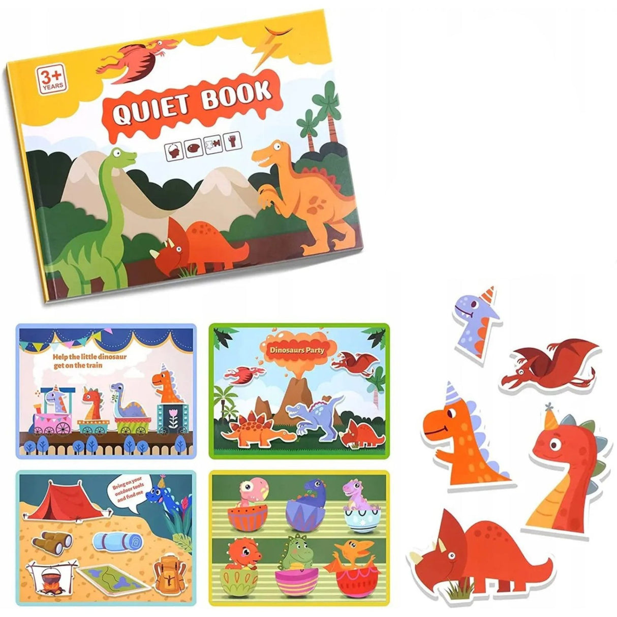 Quiet Book senzorial Flippy seria Dinozauri, vedere frontală copertă, stickere reutilizabile Montessori 3 ani