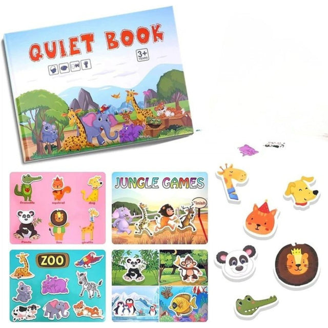 Quiet Book Flippy Lumea Animalelor, carte senzorială cu stickere reutilizabile velcro, vedere frontală copertă