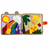 Carte Senzoriala Educativa Montessori 7in1, Vivimall, Dezvoltare Abilitati Motorii, 8 Pagini, 3D, cu Elemente Detasabile, Model Girafa, 21x21x8 cm, Maro