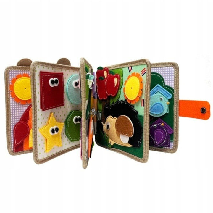 Carte Senzoriala Educativa Montessori 7in1, Vivimall, Dezvoltare Abilitati Motorii, 8 Pagini, 3D, cu Elemente Detasabile, Model Girafa, 21x21x8 cm, Maro