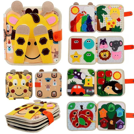Carte Senzoriala Educativa Montessori 7In1, Dezvoltare Abilitati Motorii, 8 Pagini, 3D, Cu Elemente Detasabile, Model Girafa, 21X21X8 Cm, Maro - vivimall.ro