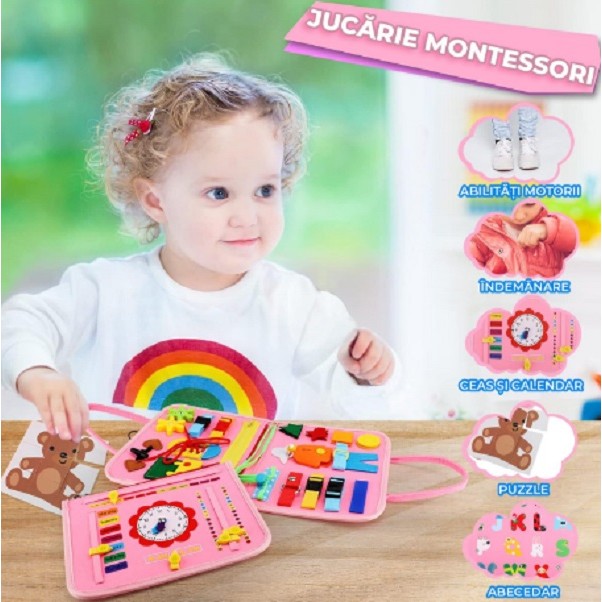 Carte Senzoriala Educativa Montessori, Dezvoltare Abilitati Motorii, 3 Pagini, Model Sirena Si Alfabet, 28X25X4 Cm, Roz - vivimall.ro