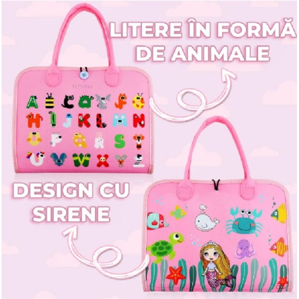 Carte Senzoriala Educativa Montessori, Dezvoltare Abilitati Motorii, 3 Pagini, Model Sirena Si Alfabet, 28X25X4 Cm, Roz - vivimall.ro