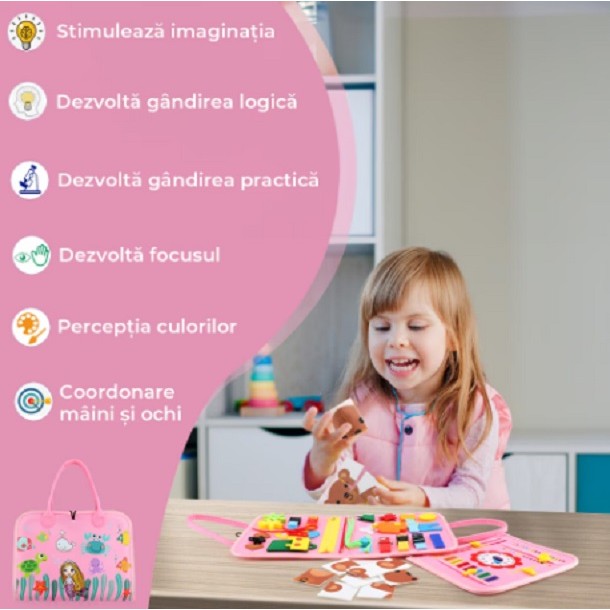 Carte Senzoriala Educativa Montessori, Dezvoltare Abilitati Motorii, 3 Pagini, Model Sirena Si Alfabet, 28X25X4 Cm, Roz - vivimall.ro