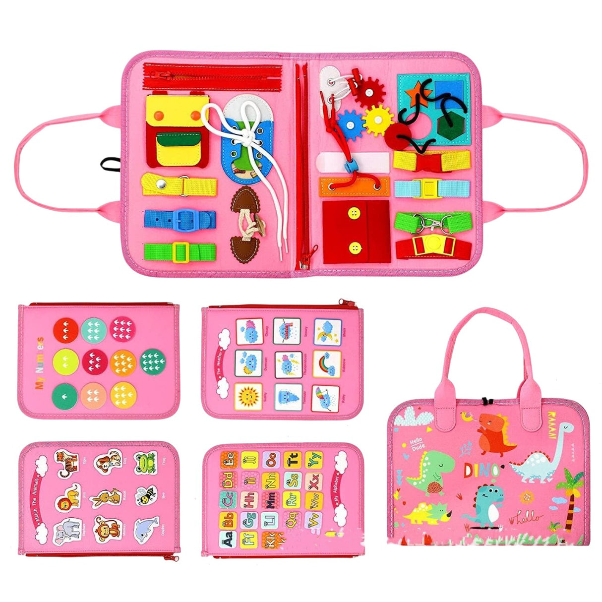 Carte Senzoriala Educativa Montessori 7In1, 26 De Activitati, Dezvoltare Abilitati Motorii, 4 Pagini, Model Dinozauri, 28X22X7 Cm, Roz - vivimall.ro