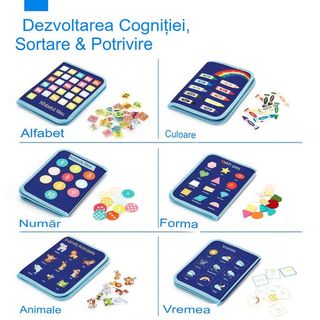 Carte Senzoriala Educativa Montessori, Flippy, Dezvoltare Abilitati Motorii, 5 Pagini, Model Dinozauri, 28x22x7 cm, Albastru