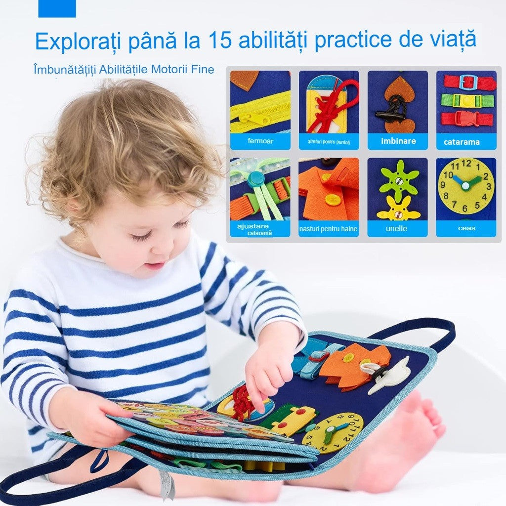 Carte Senzoriala Educativa Montessori, Dezvoltare Abilitati Motorii, 5 Pagini, Model Dinozauri, 28X22X7 Cm, Albastru - vivimall.ro