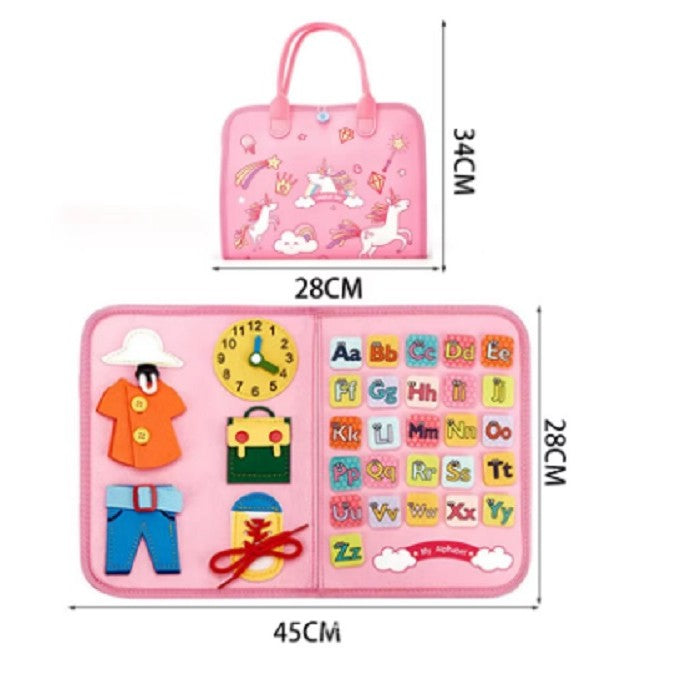 Carte Senzoriala Educativa Montessori, Vivimall, Dezvoltare Abilitati Motorii, 5 Pagini, Model Unicorni, 28x22x7 cm, Roz - vivimall.ro