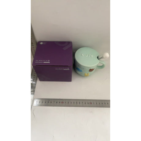 Cana ceramica, Vivimall, din Portelan, print Figurine Animalute, Cana penru Copii, Model CUTE, Cana cu Lingura si Capac, Ceasca pentru Cafea, Ceai, 400ml Albastru - vivimall.ro