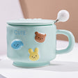Cana Ceramica, Din Portelan, Print Figurine Animalute, Cana Penru Copii, Model Cute, Cana Cu Lingura Si Capac, Ceasca Pentru Cafea, Ceai, 400Ml - vivimall.ro