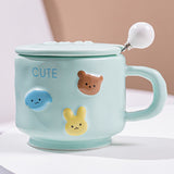Cana Ceramica, Din Portelan, Print Figurine Animalute, Cana Penru Copii, Model Cute, Cana Cu Lingura Si Capac, Ceasca Pentru Cafea, Ceai, 400Ml - vivimall.ro