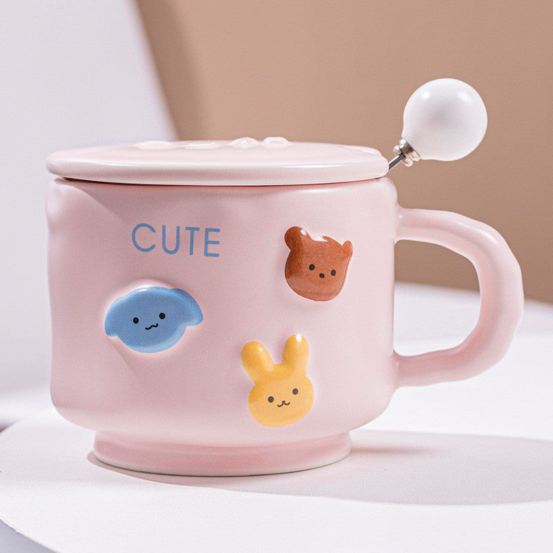 Cana Ceramica, Din Portelan, Print Figurine Animalute, Cana Penru Copii, Model Cute, Cana Cu Lingura Si Capac, Ceasca Pentru Cafea, Ceai, 400Ml - vivimall.ro