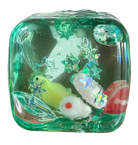 Cub Fidget 3D Flippy model Scoici, culori turcoaz și verde, vedere frontală, dimensiuni 3×3×3 cm