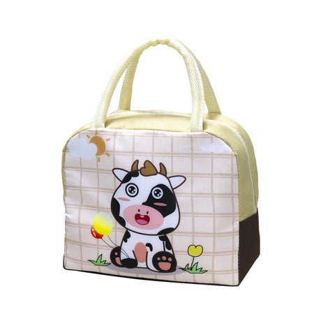 Geanta Termoizolanta pentru Copii, Vivimall, 23x13x19 cm, Model Imprimeu Vacuta, din Folie de Aluminiu si Panza Oxford, Bej - vivimall.ro