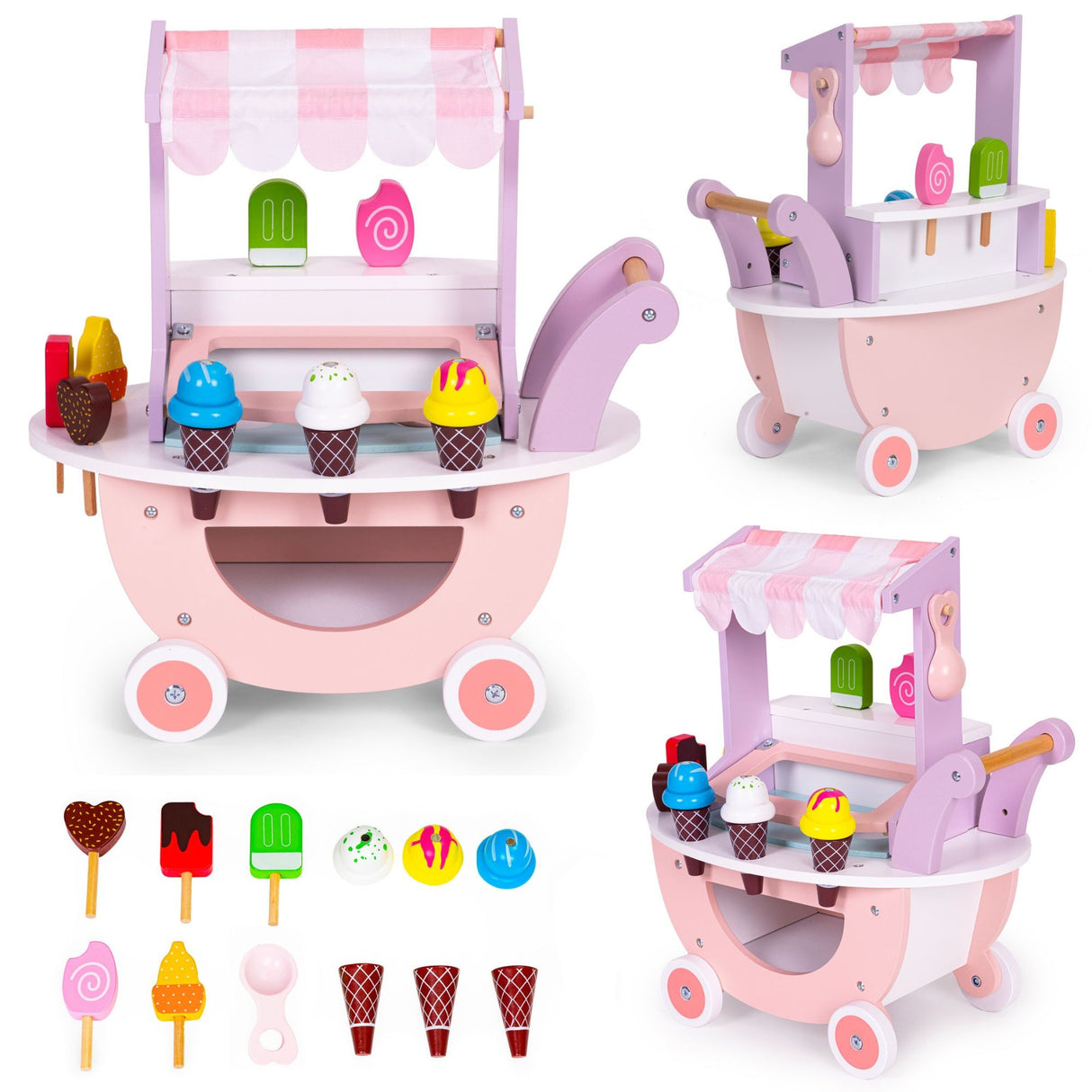 Carucior cu Inghetata pentru Copii, Flippy, din Lemn, Magnetic, Joc de Rol Montessori, cu Depozitare si Roti, 41x19x44 cm, Roz - vivimall.ro