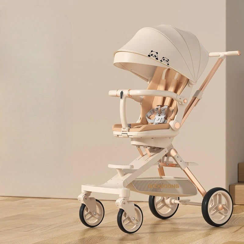 Carucior Sport Flippy 3in1, 6-36 Luni, Pliabil, Tavita pentru Masa, Pat de Dormit, Centura de Siguranta, Roti 360 Grade, Reversibil, Parasolar, Maner Reglabil, 64 x 35 x 100 cm, Panda, Crem