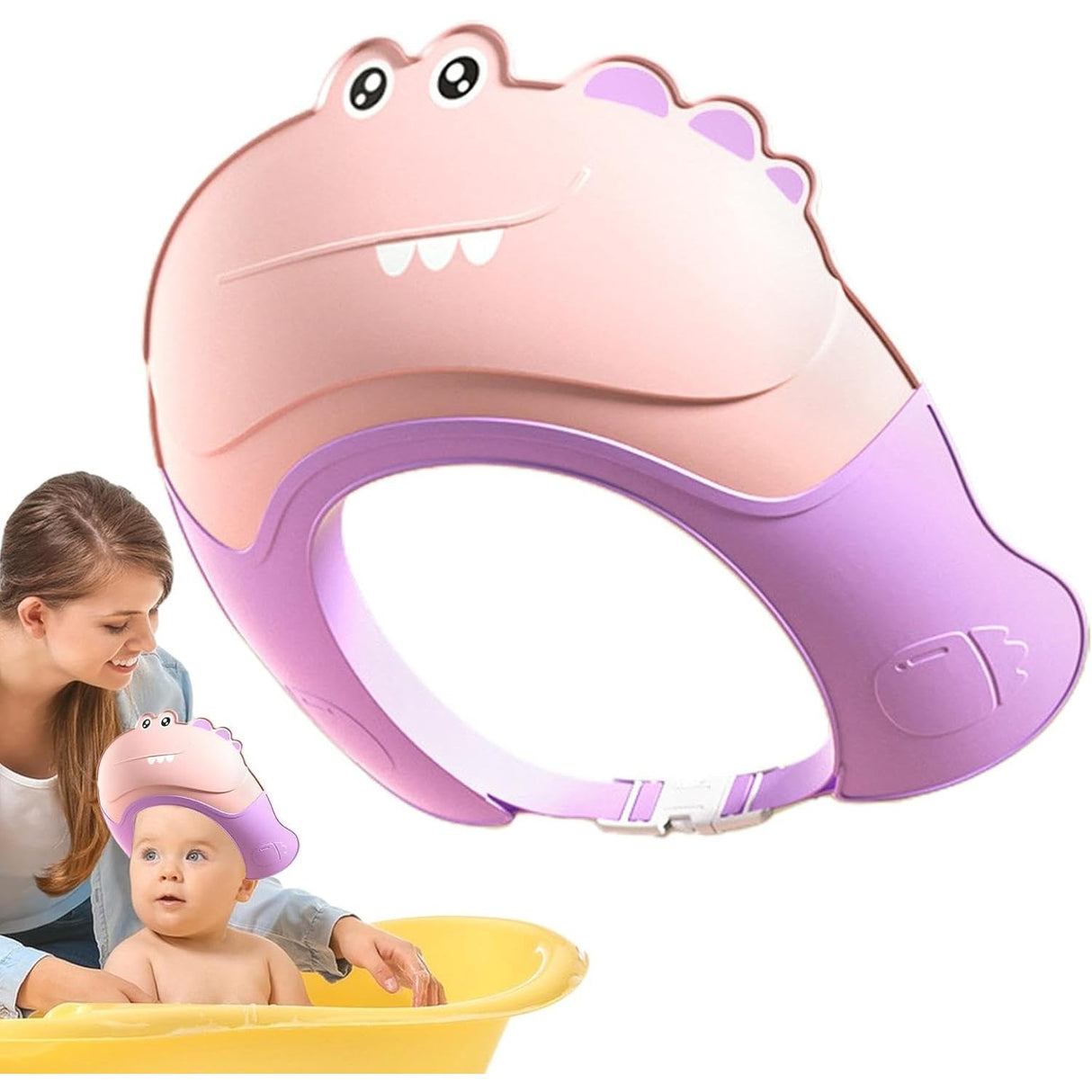 Casca de Dus, Vivimall, Previne Scurgerea Apei si Samponului pe Fata, 0-12 Ani, Ajustabila, din TPE+PP, 20 x 23 cm, Model Crocodil, Roz/Mov - vivimall.ro