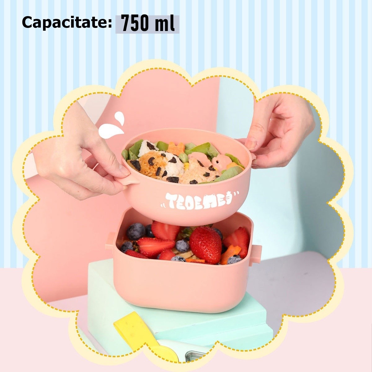 Caserola Pentru Copii Lunch Box, 750 Ml, Doua Boluri, Lingura, Foarfeca Din Plastic, Rezistenta La Scurgeri - vivimall.ro