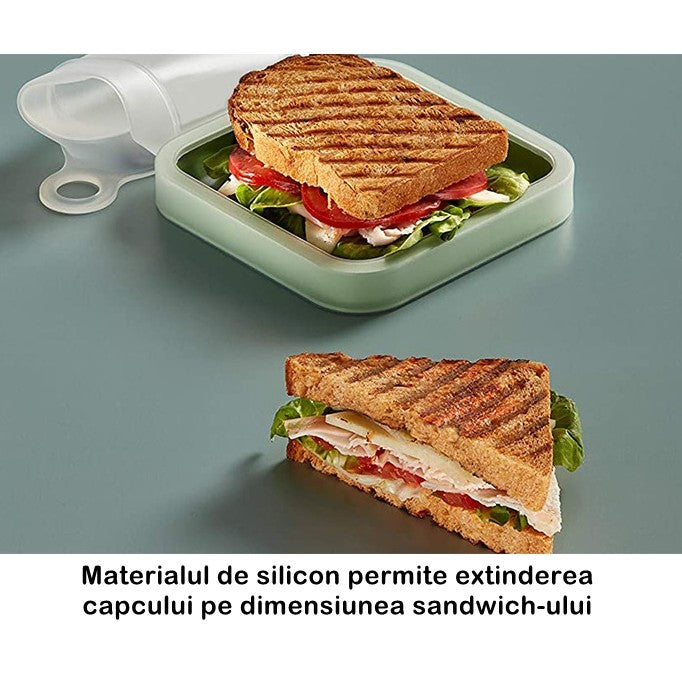 Caserola pentru sandwich Vivimall, din silicon si polipropilena, portabil, usor de curatat, capac anti-scurgere, reutilizabil, 15.5 x 15.5 x 2.5 cm, verde - vivimall.ro