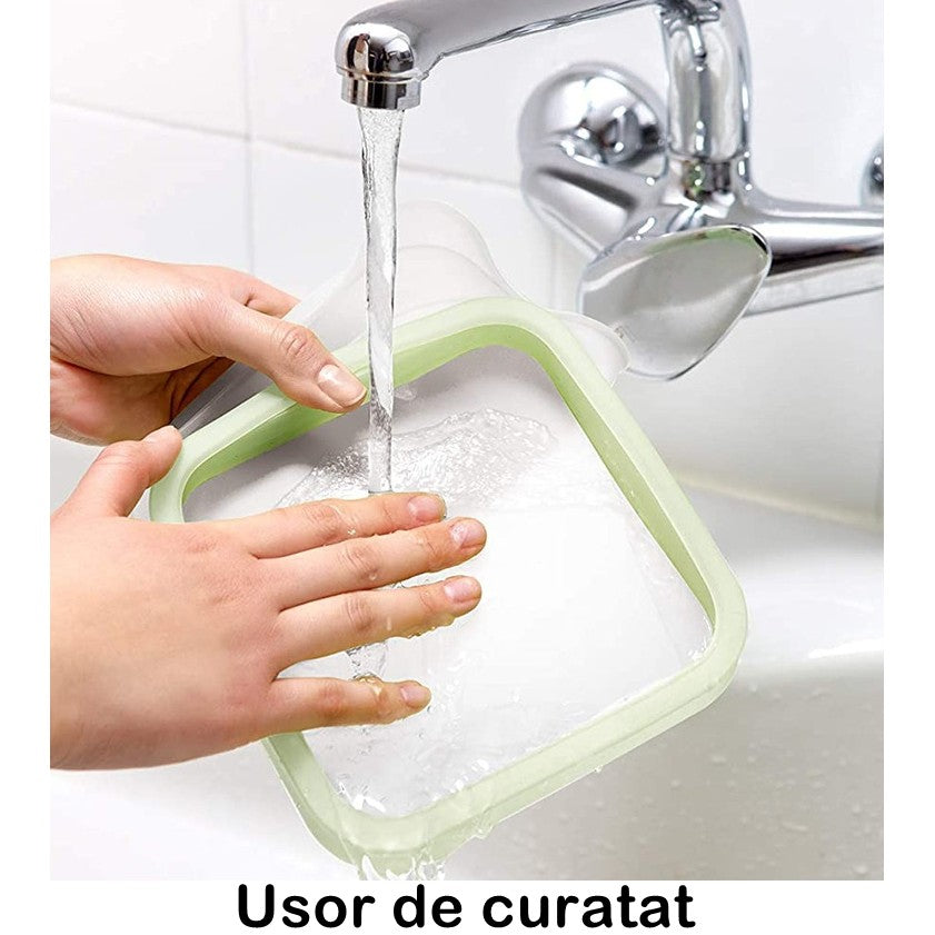 Caserola pentru sandwich Vivimall, din silicon si polipropilena, portabil, usor de curatat, capac anti-scurgere, reutilizabil, 15.5 x 15.5 x 2.5 cm, verde - vivimall.ro