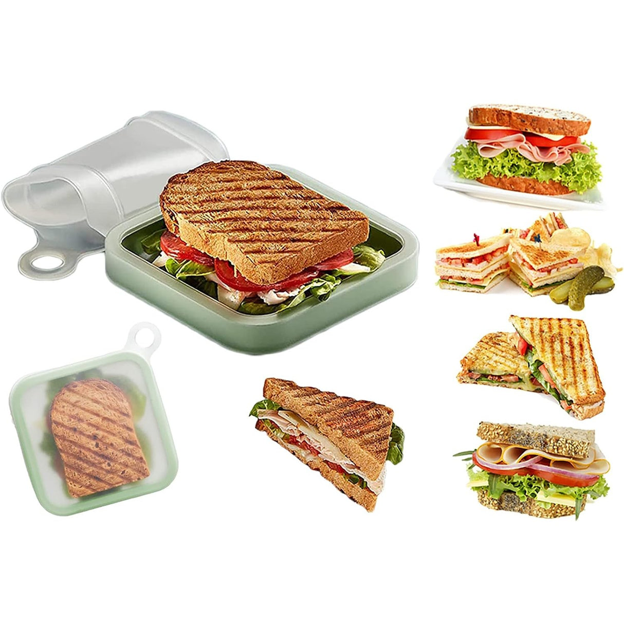 Caserola Pentru Sandwich Din Silicon Si Polipropilena, Portabil, Usor De Curatat, Capac Anti-Scurgere, Reutilizabil, 15.5 X 15.5 X 2.5 Cm, Verde - vivimall.ro