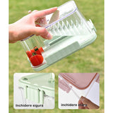 Caserola portabila pentru mancare fresh Vivimall, 550 ml, furculita pentru fructe, 7 x 11.5 x 16 cm, capac detasabil pentru congelator, etans, spatiu pentru tacamuri, maner, material plastic, rezistent la temperaturi ridicate, transparent - vivimall.ro