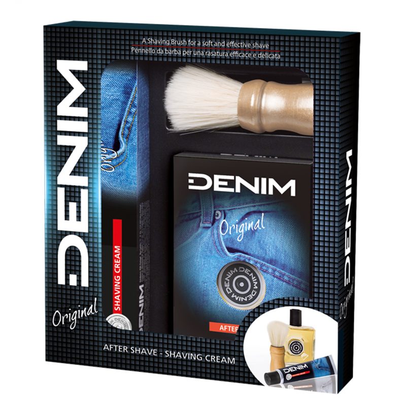 Casetă cadou bărbați Denim cu aftershave 100 ml, cremă de ras 100 ml și pămătuf original, vedere frontală